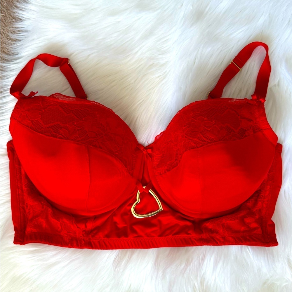 Cacique Long Line Heart Detail Red Lace Women's Corset Inspired Bra Top 44DD